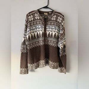 VTG Fair Isle Nordic Pattern Funky Sweater Cardigan Brown Blue Christmas Tree L
